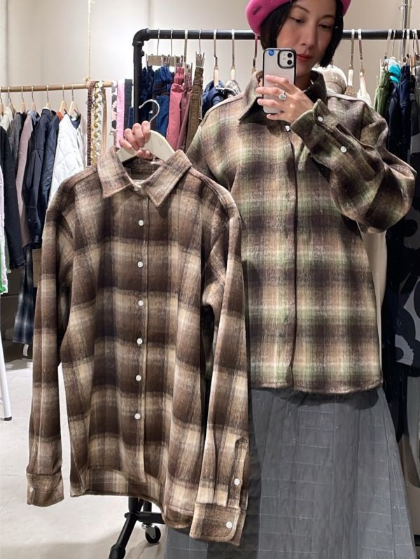 毛呢格紋襯衫上衣 