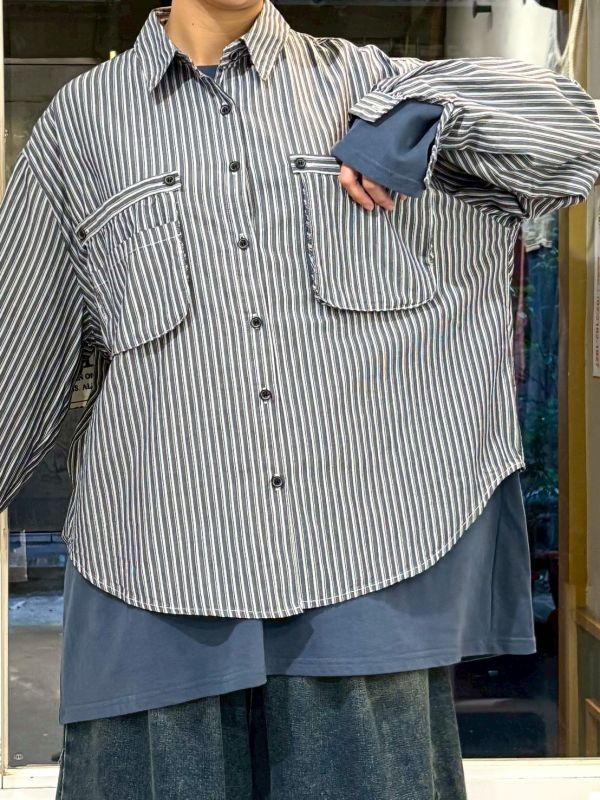 藍色條紋立體口袋襯衫 