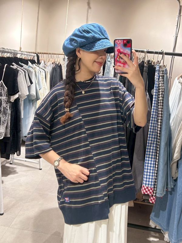 USA COTTON撞色條紋拼接感落肩寬鬆Tee 