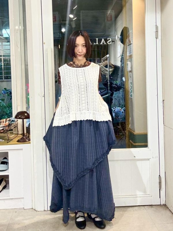 藍色格紋不規則拼接裙 