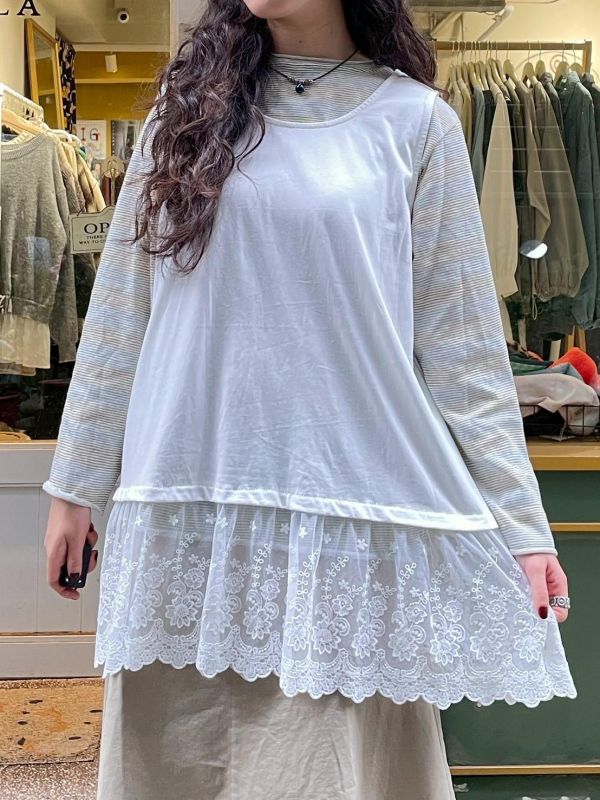素色棉拼接蕾絲白色長版背心 