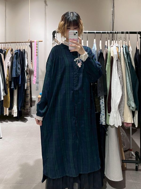 棉麻藍綠圓領排扣長版洋裝 