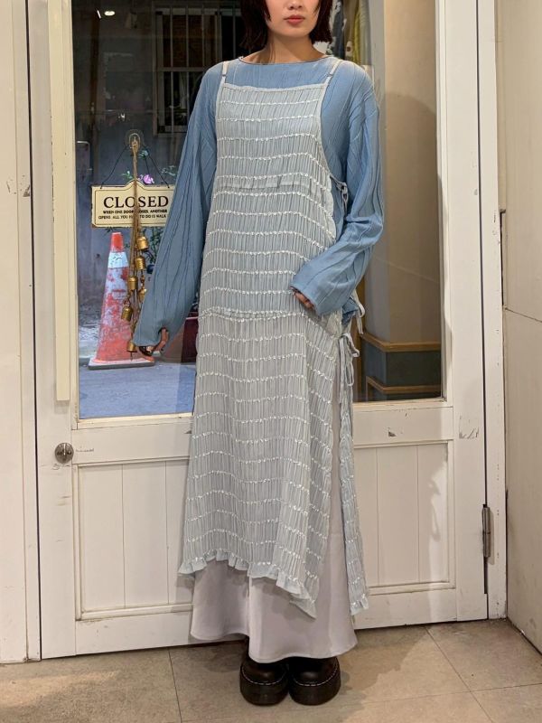 抓皺長方格測綁帶紗質長罩衫 