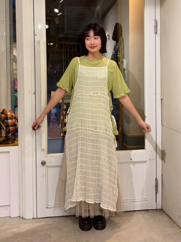 抓皺長方格測綁帶紗質長罩衫 