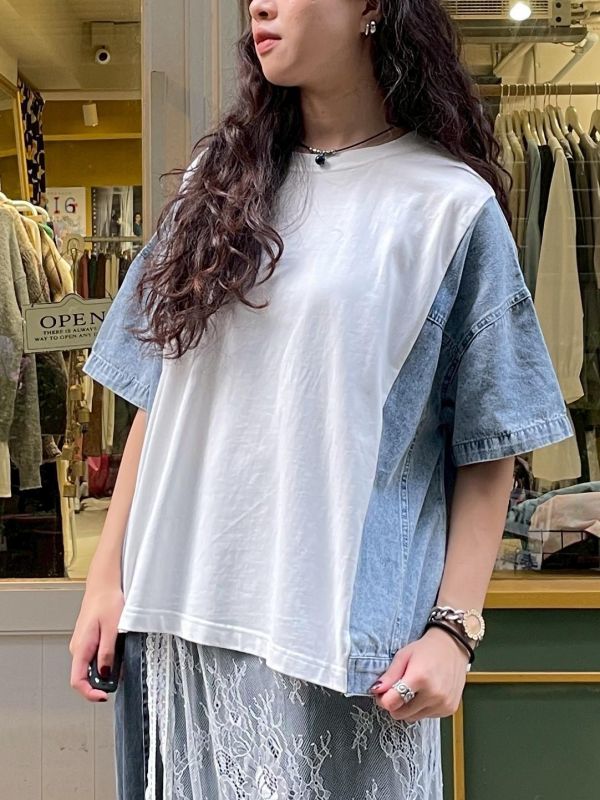 拼接造型牛仔寬鬆短袖上衣 