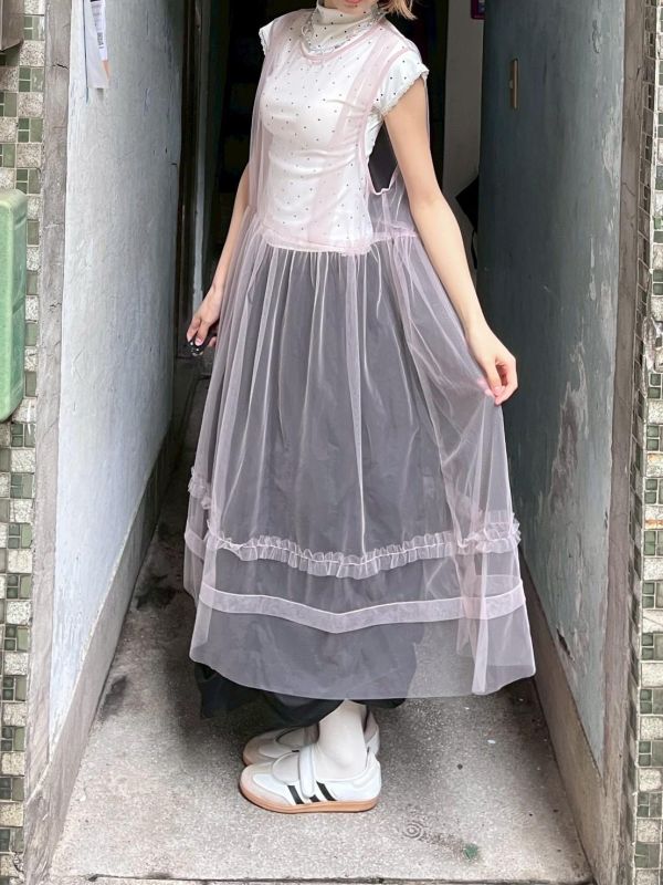 單色寬版紗背心洋裝外罩 