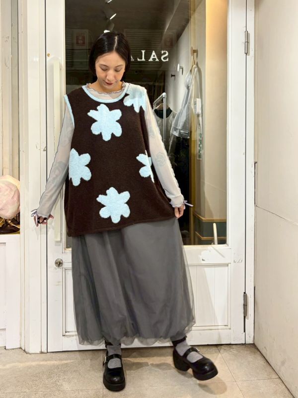 撞色藍花針織背心 