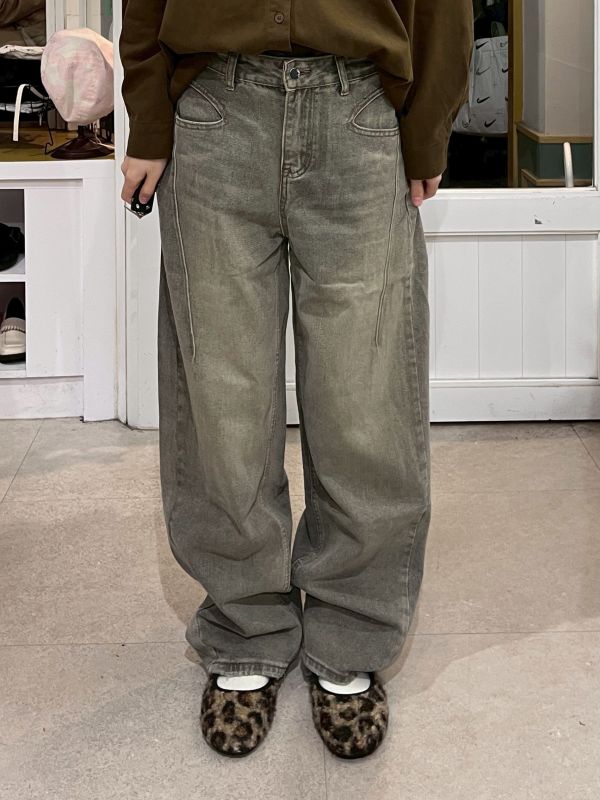 復古水洗灰色牛仔彎刀褲 