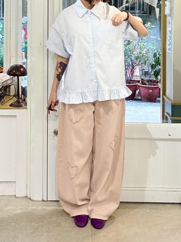 愛心口袋下擺木耳細格紋襯衫 