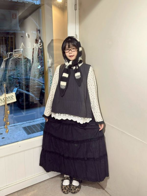 薄絨布蛋糕滾邊長裙 