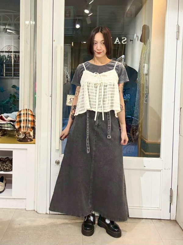 鬆緊腰A字牛仔裙附腰帶 