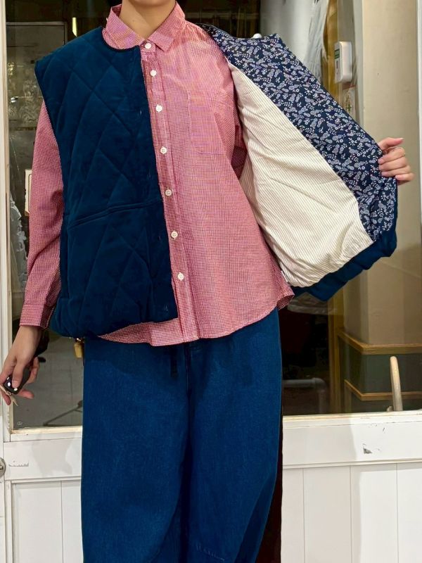 菇菇別針寶藍色燈芯絨鋪棉背心 