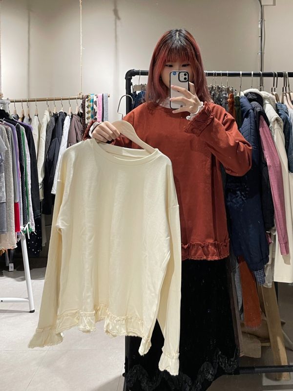 奶油花邊棉質長袖上衣 