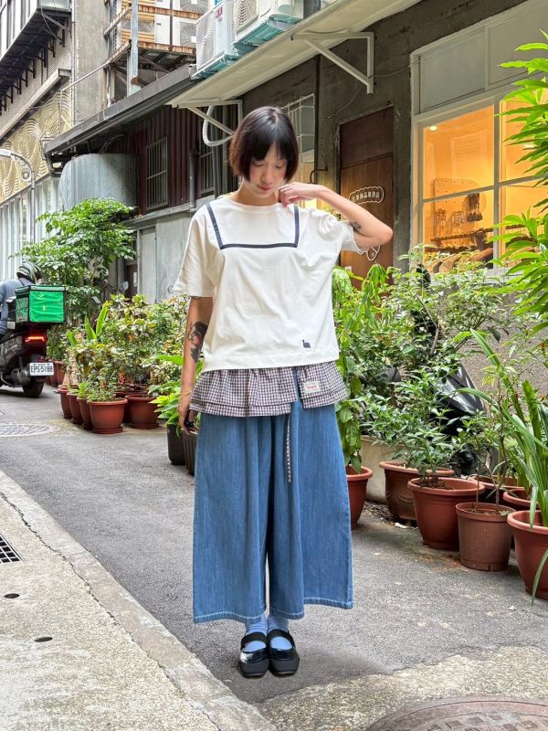 藍色緞帶車縫水手白tee 
