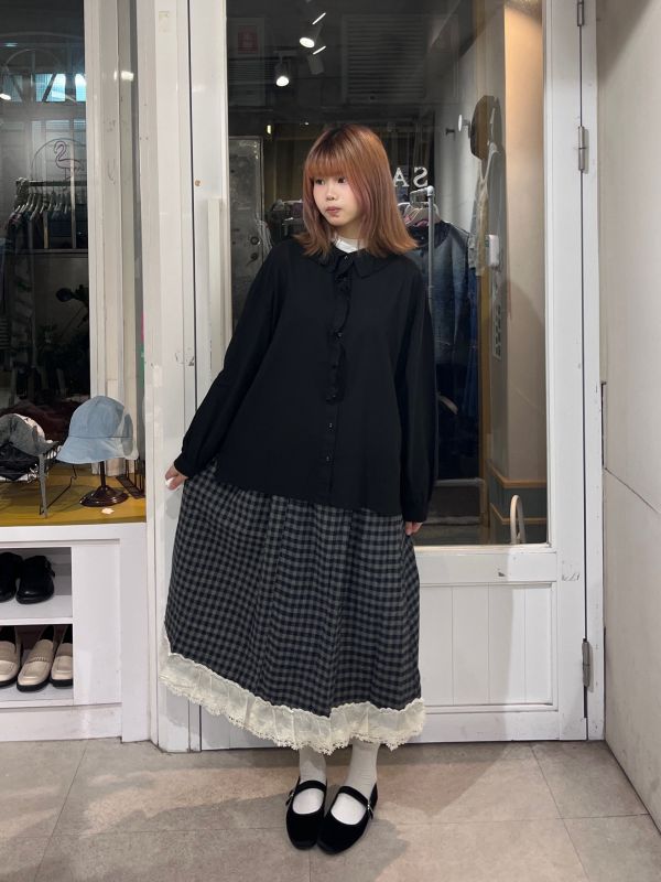 復古格紋拼接蕾絲長裙 