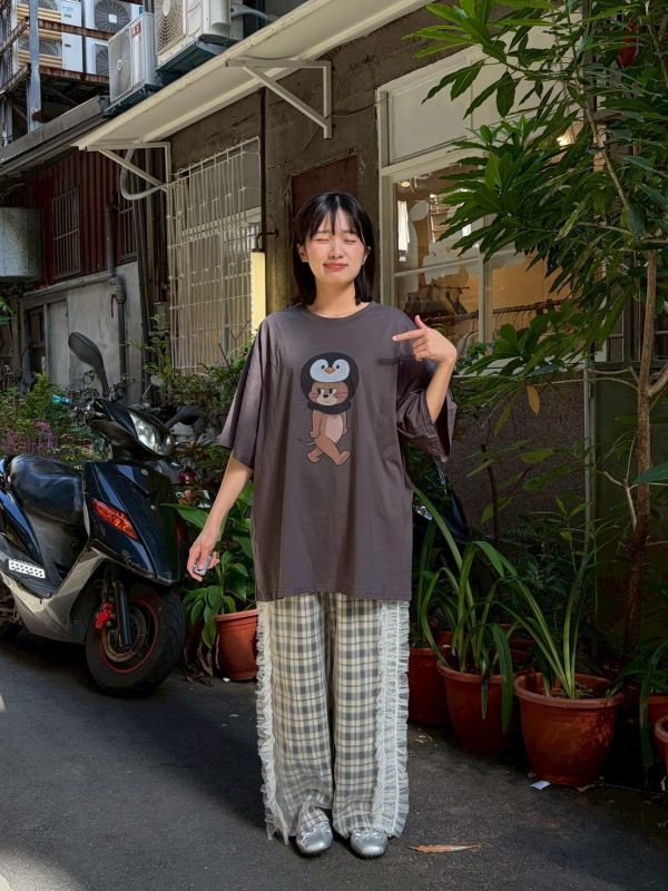 雙層格紋打底x側邊抽皺紗寬褲 