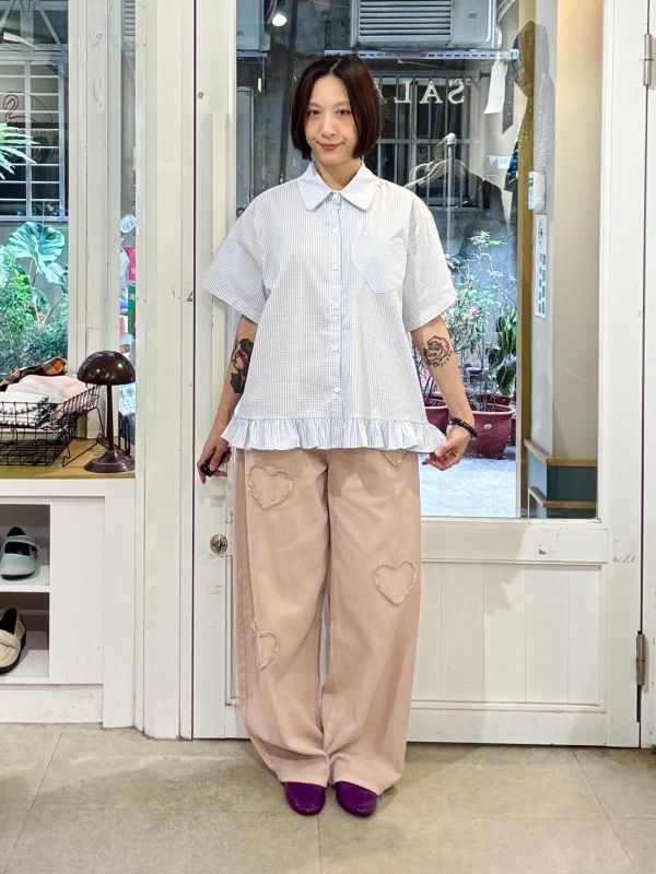 愛心口袋下擺木耳細格紋襯衫 