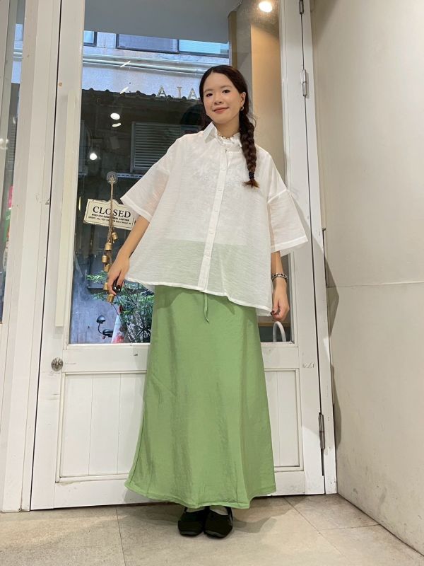 透膚寬鬆落肩後排扣綁帶五分袖襯衫 