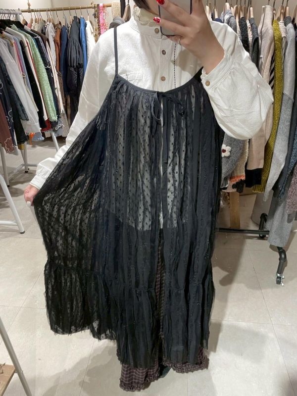 波點紗綁帶吊帶長版罩衫 