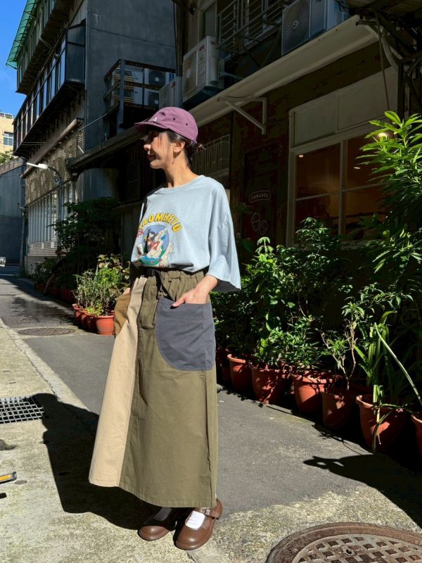 兩色半圓大口袋後開叉拼接裙 
