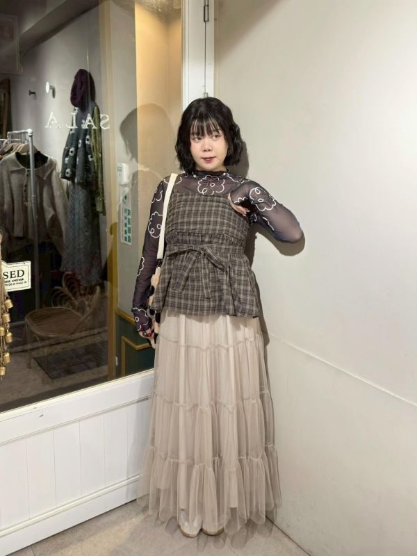 格紋抓皺散擺後鬆緊吊帶背心+綁帶 