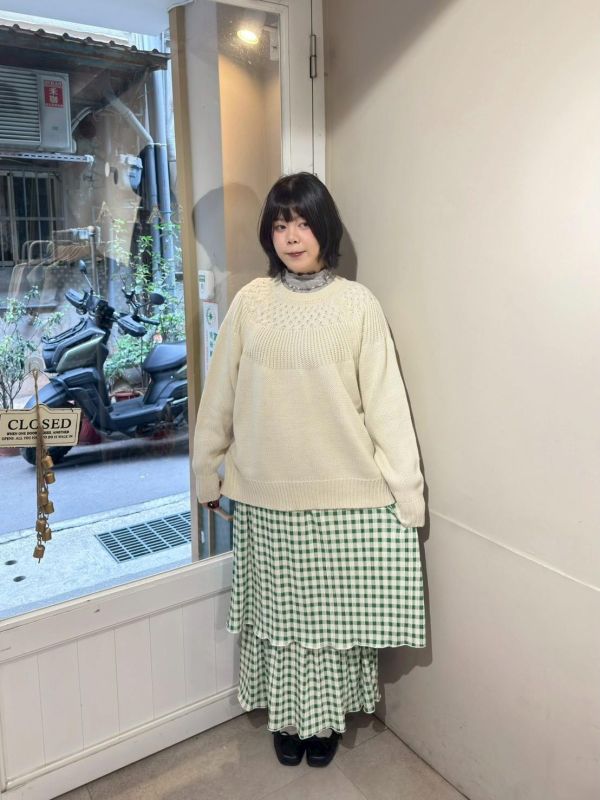 格紋滑料雙層滾邊下擺長裙 