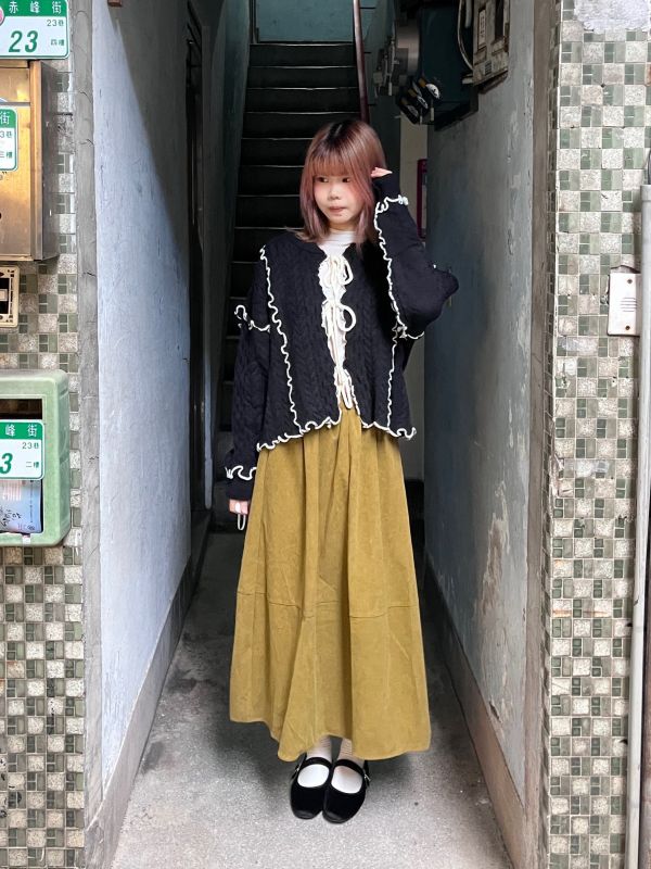 粗針織毛線撞色滾邊綁帶長袖外套 