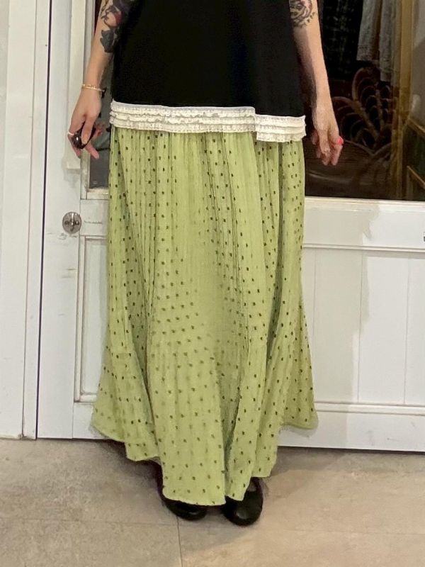 皺皺彈性草綠色長裙 