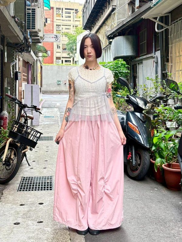 伸縮腰抓皺落地寬褲裙 