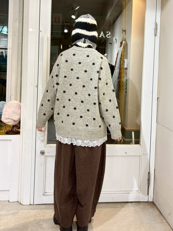 波點下擺拼接蕾絲長版針織毛衣 