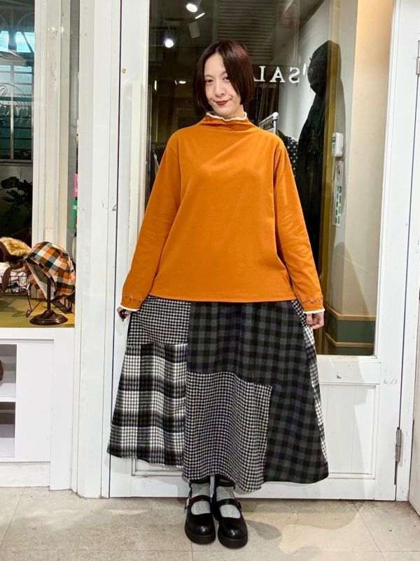 毛呢格紋拼接傘狀裙 