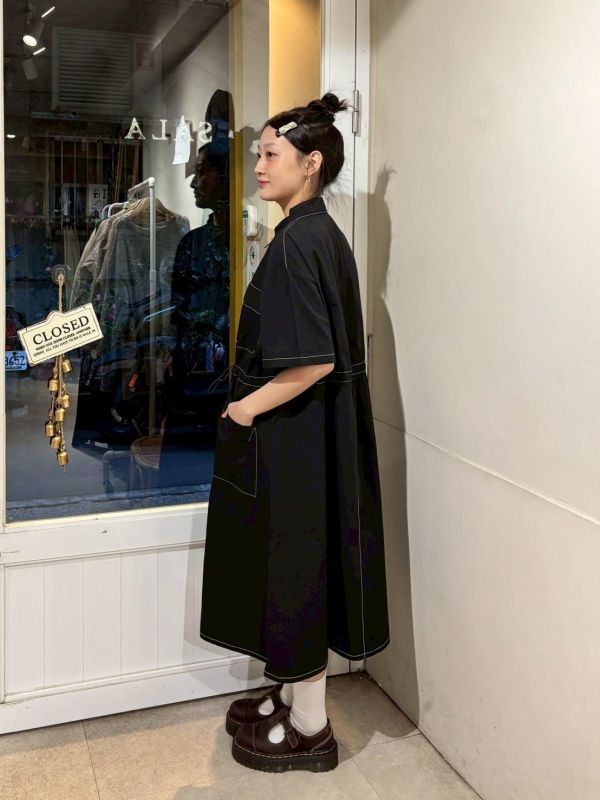 多口袋抽繩工裝長版襯衫洋裝 