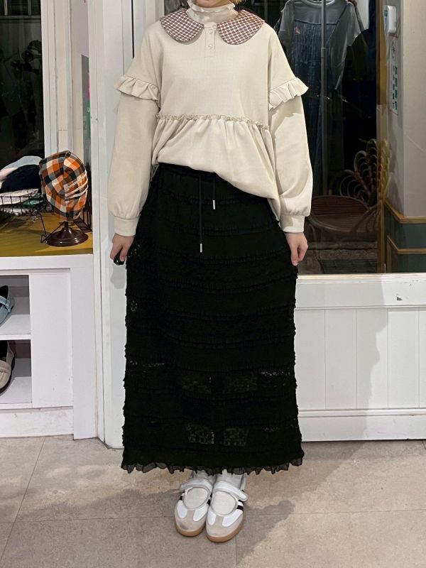 抽繩蕾絲花邊層次彈力長裙 