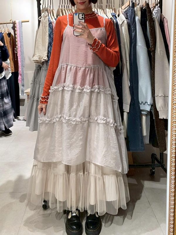 木耳拼接透紗蛋糕吊帶背心洋裝 