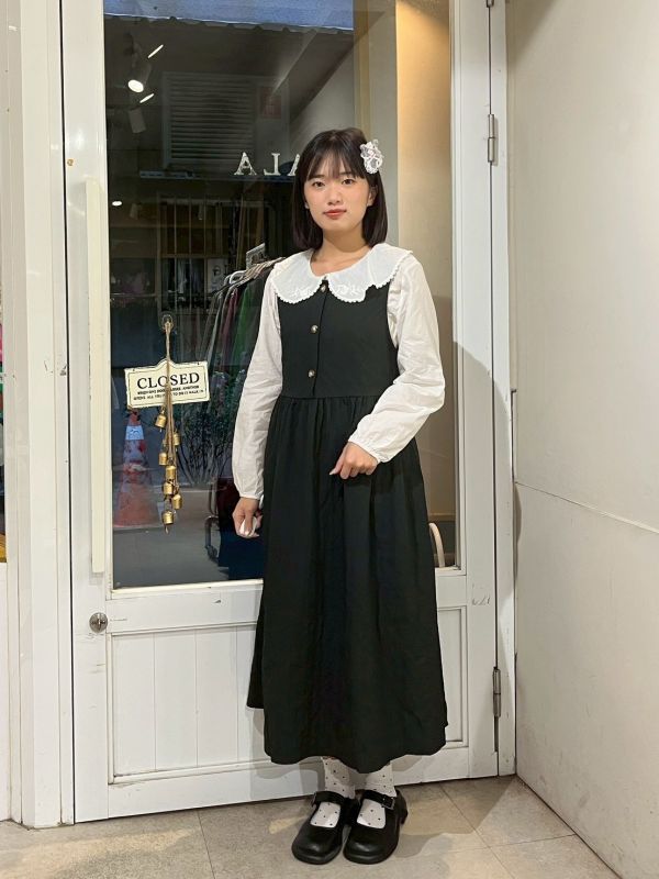 絎縫直紋胸前釦後綁帶長洋裝 