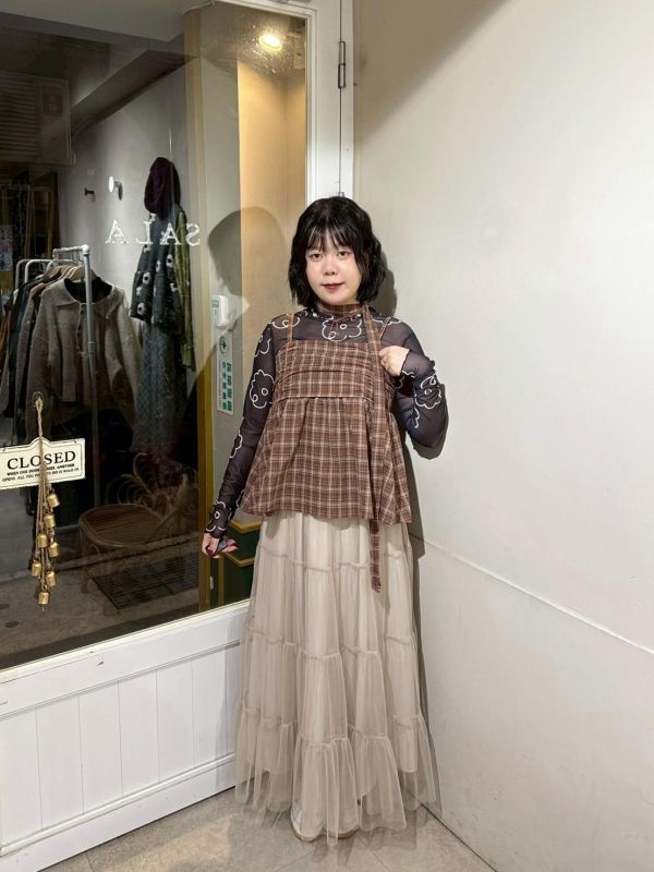 格紋抓皺散擺後鬆緊吊帶背心+綁帶 