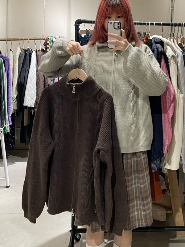 雙拉鏈針織高領長袖毛衣 