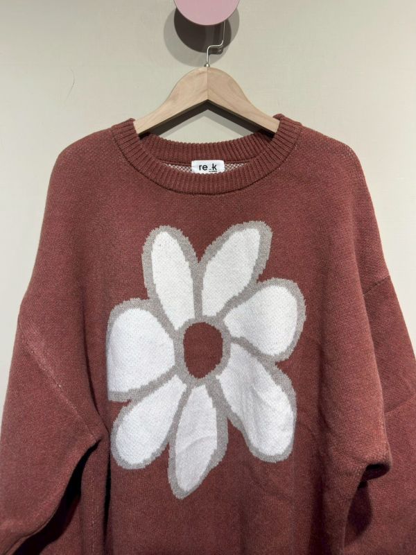 大花朵橘紅毛衣 