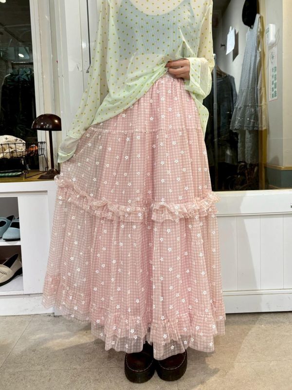 滿版小白花格子蛋糕紗裙 