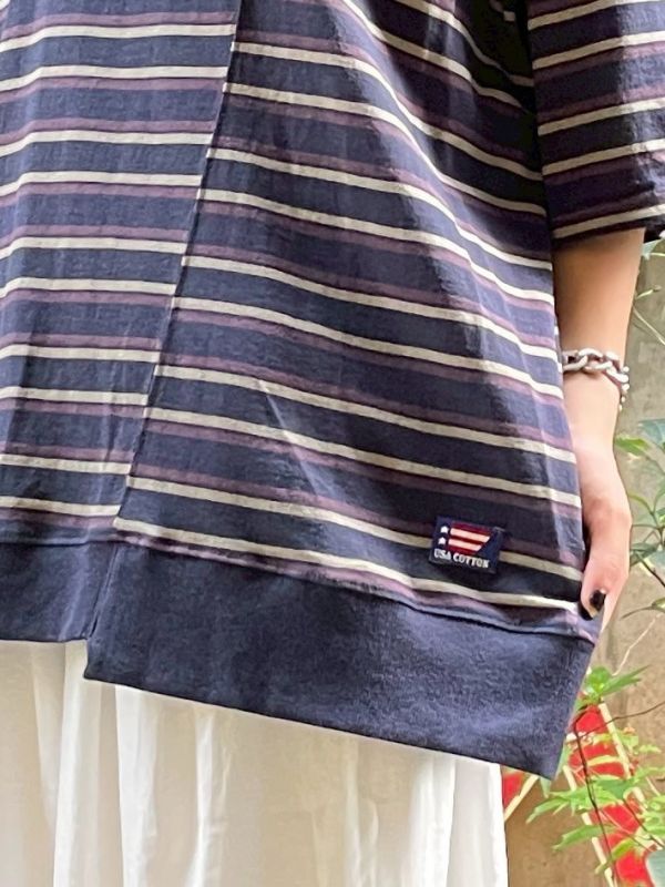 USA COTTON撞色條紋拼接感落肩寬鬆Tee 