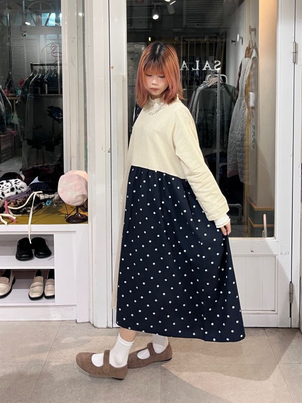 棉麻拼接波點長袖洋裝 