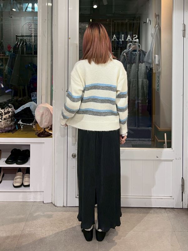 橫條紋針織排扣外套附圍巾 