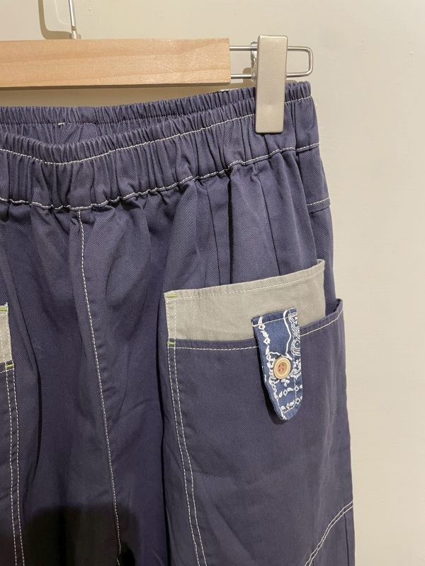 藏藍拼腰果花明線帆布長褲 