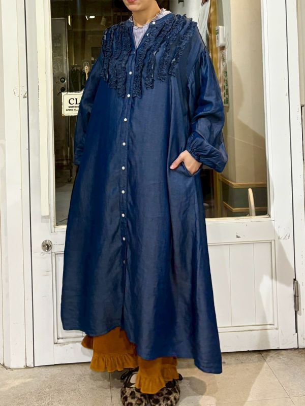 直條擠花長版牛仔洋裝 