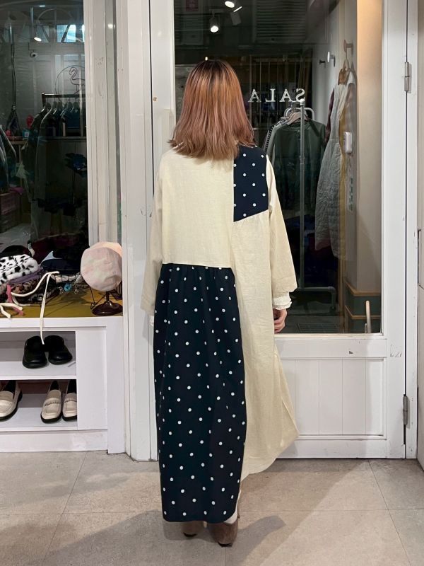 棉麻拼接波點長袖洋裝 