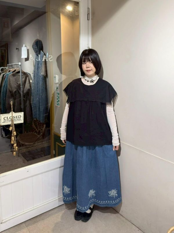 牛仔刺繡下擺鬆緊腰長裙 
