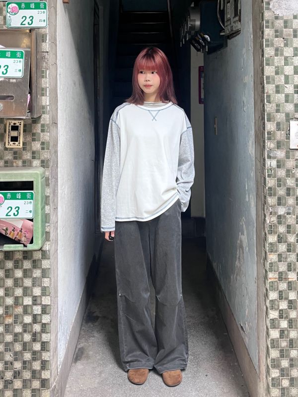 撞色圓領交叉車線長袖上衣 