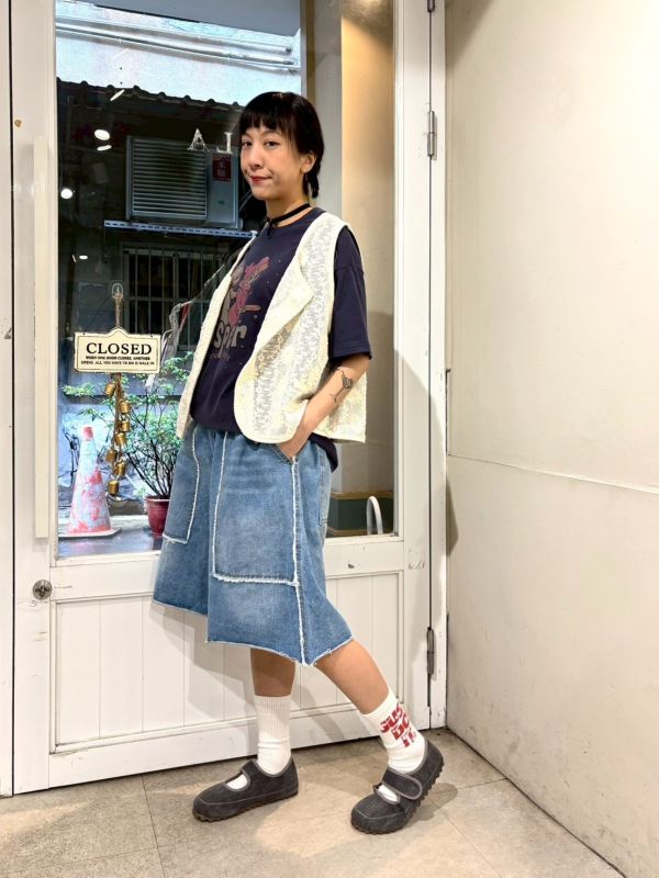 伸縮腰抽鬚不收編拼接牛仔五分褲 