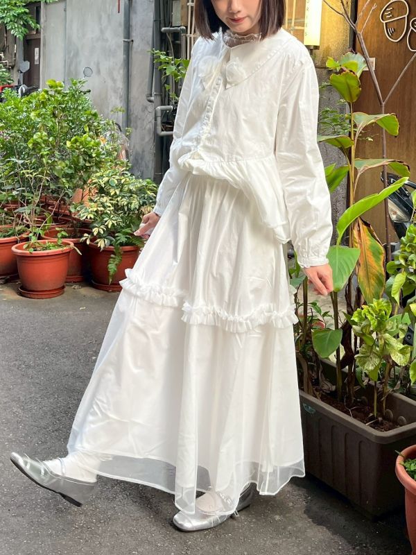 荷葉拼接雙層下擺內鬆緊腰紗裙 