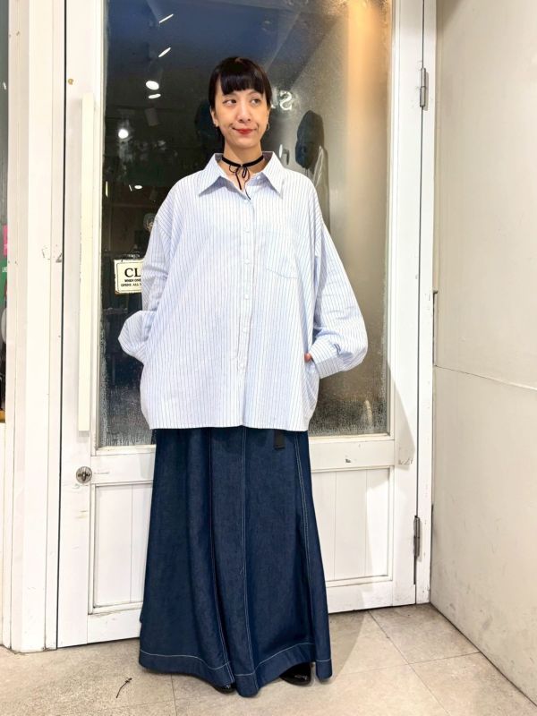 條紋寬大長袖襯衫 